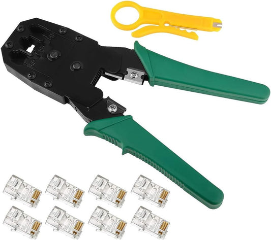كماشة لقص كابل الشبكة المحلية السلكية RJ45 RJ11 CAT5 من هيجينج مع 8 قطع مقابس كريستال 8P8C لكابلات إيثرنت للأعمال اليدوية